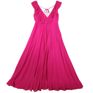 ZARA Maxi Dress Size S Pleated Ruffle V-Neck Sleeveless Fuchsia Pink